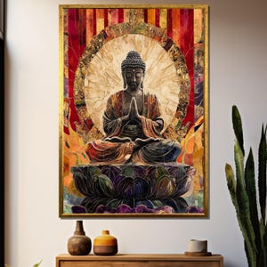 Colorful Buddha Wall Art, Vibrant Lotus Meditation Poster, Zen Spiritual Asian Decor, Multicolor Buddhist Painting