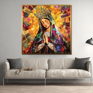 Mother Mary Queen of Heaven Canvas Painting – Vibrant Religious Wall Art Gift in Mosaic Style for Christian Spiritual Home Decor