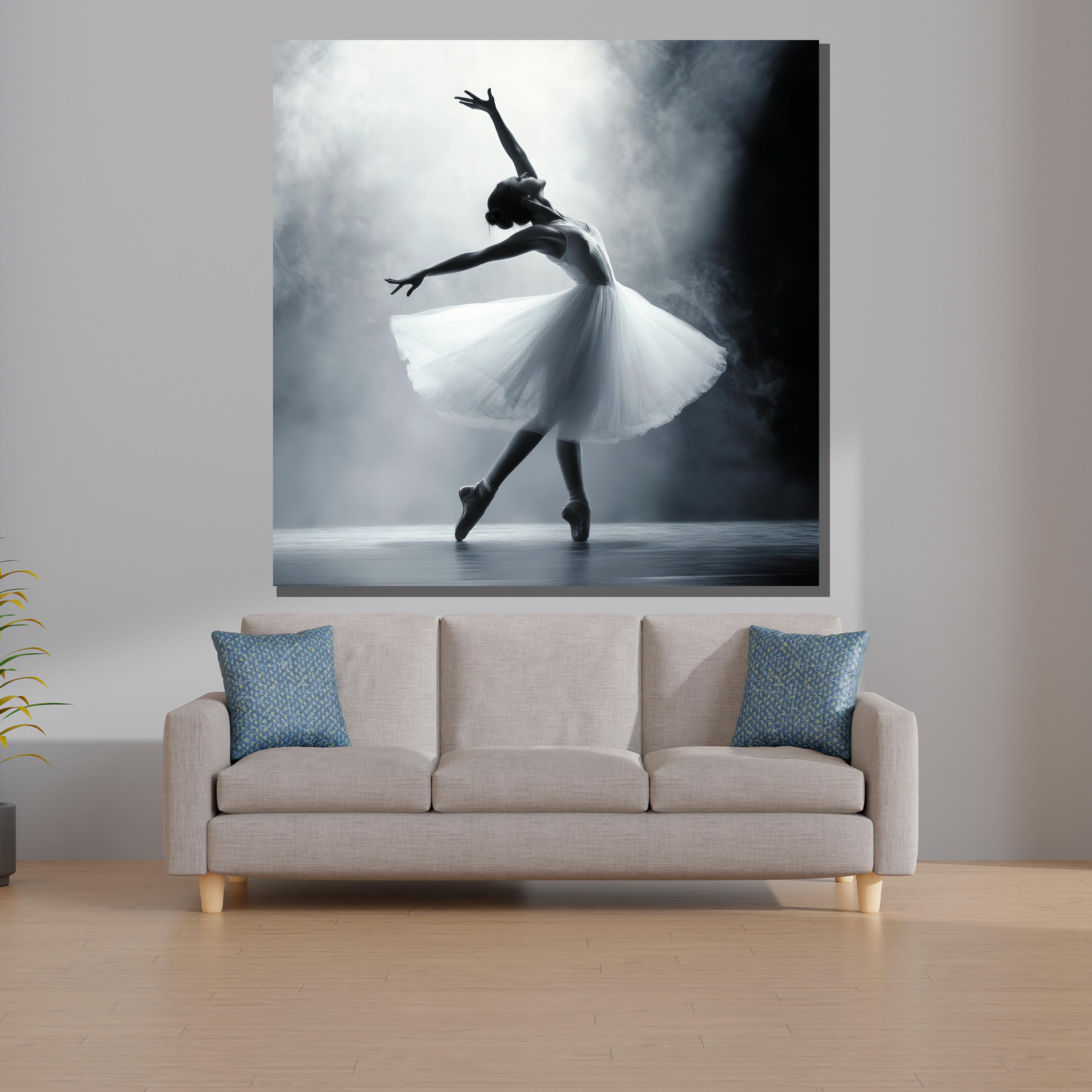 Graceful Ballerina Wall Art – White Tulle Ballet Print for Dance