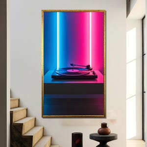 Minimalist Vinyl Record Player Canvas Art | Neon Pink and Blue Lighting Wall Decor | Modern Music Room Poster