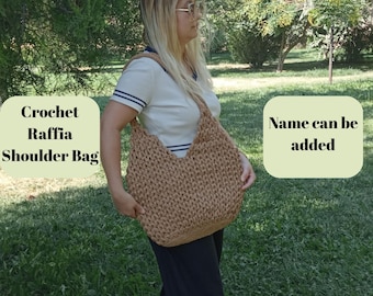 Personalisierte häkeln Raffia Umhängetasche, gefütterte Strandtasche, Sommertasche mit benutzerdefiniertem Namen