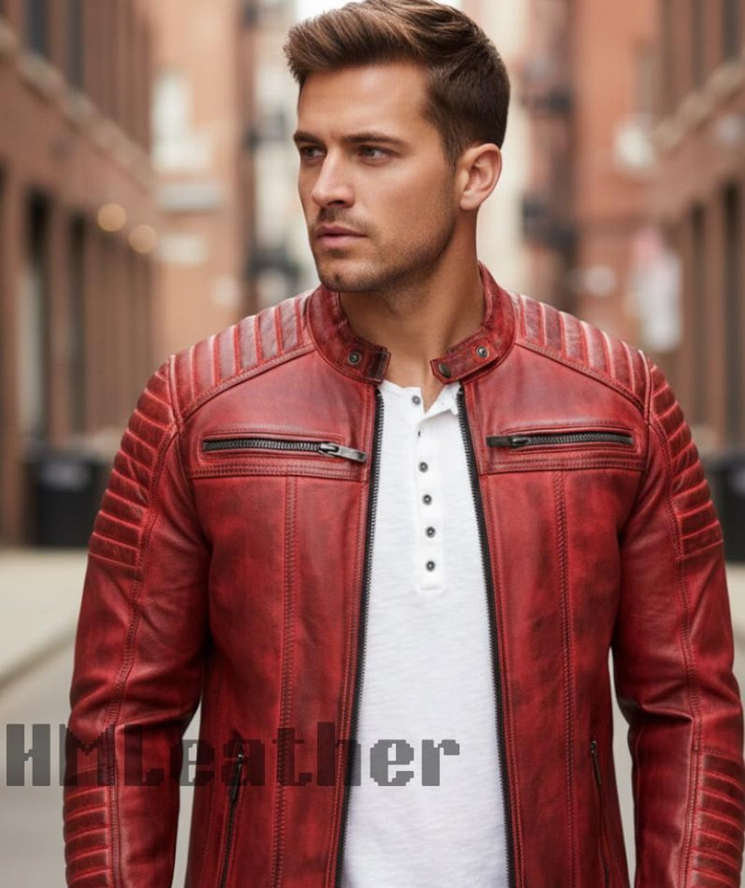 Men's Red Leather Jacket Cafe Racer Slim Fit Biker Motorcycle Jacket — free download
