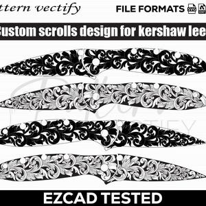 May include: Four custom scroll designs for a Kershaw Leek knife, displayed in black and white. The designs feature intricate floral patterns. Text at the top reads "Custom scrolls design for kershaw leek". The image also includes file format icons and the text "EZCAD TESTED".