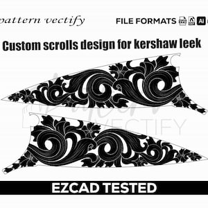 K&ouml;nnte beinhalten: Schwarz-wei&szlig;es Custom-Scroll-Design f&uuml;r ein Kershaw Leek-Messer. Die Designs weisen florale und wirbelnde Muster auf. Das Bild enth&auml;lt den Text "pattern vectify", "Custom scrolls design for kershaw leek", "EZCAD TESTED" und Dateiformatsymbole.