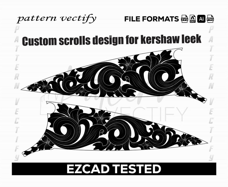 K&ouml;nnte beinhalten: Schwarz-wei&szlig;es Custom-Scroll-Design f&uuml;r ein Kershaw Leek-Messer. Die Designs weisen florale und wirbelnde Muster auf. Das Bild enth&auml;lt den Text "pattern vectify", "Custom scrolls design for kershaw leek", "EZCAD TESTED" und Dateiformatsymbole.