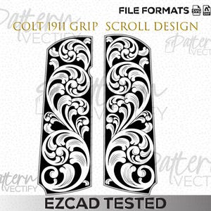 Puede incluir: Empuñadura Colt 1911 en blanco y negro con un diseño de volutas. Las empuñaduras son rectangulares con una parte superior curvada y presentan intrincados patrones florales. El texto "COLT 1911 GRIP SCROLL DESIGN" se muestra en la parte superior.
