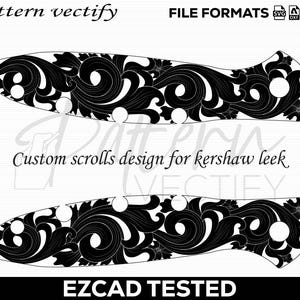 K&ouml;nnte beinhalten: Schwarz-wei&szlig;es Custom-Scroll-Design f&uuml;r ein Kershaw Leek-Messer. Das Design zeigt komplizierte Blumenmuster und ist als EZCAD-getestet gekennzeichnet. Das Bild enth&auml;lt auch Dateiformatoptionen.