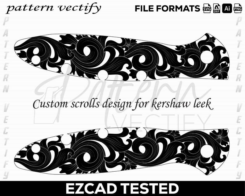 K&ouml;nnte beinhalten: Schwarz-wei&szlig;es Custom-Scroll-Design f&uuml;r ein Kershaw Leek-Messer. Das Design zeigt komplizierte Blumenmuster und ist als EZCAD-getestet gekennzeichnet. Das Bild enth&auml;lt auch Dateiformatoptionen.