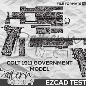 Puede incluir: Un patrón de descarga digital en blanco y negro para una pistola Colt 1911 Government Model. El patrón presenta un diseño floral con detalles intrincados. Los formatos de archivo incluidos son AI, SVG y PNG. El patrón está probado por EZCAD.