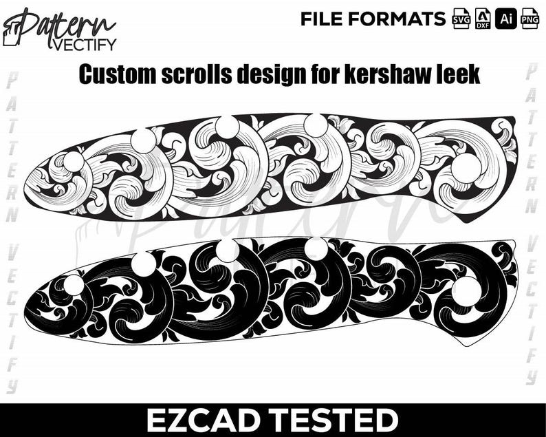 May include: A black and white custom scroll design for a Kershaw Leek knife. The design features intricate floral patterns. The image includes the text "Custom scrolls design for kershaw leek" and "EZCAD TESTED".
