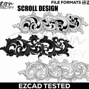 Könnte beinhalten: Drei Scroll-Design-Muster in Schwarz und Weiß. Die oberen und unteren Designs sind in Graustufen gehalten, während das mittlere Design einfarbig schwarz ist. Das Bild enthält den Text "SCROLL DESIGN" und "EZCAD TESTED". Dateiformate sind SVG, DXF, AI und PNG.
