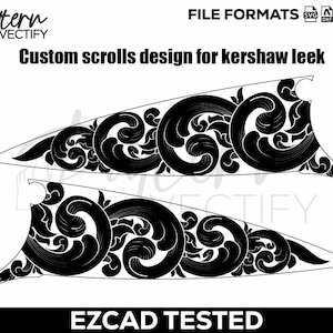 May include: Black and white custom scroll design for a Kershaw Leek knife. The design features intricate swirling patterns and is available in SVG, DXF, AI, and PNG file formats. The text "EZCAD TESTED" is at the bottom.