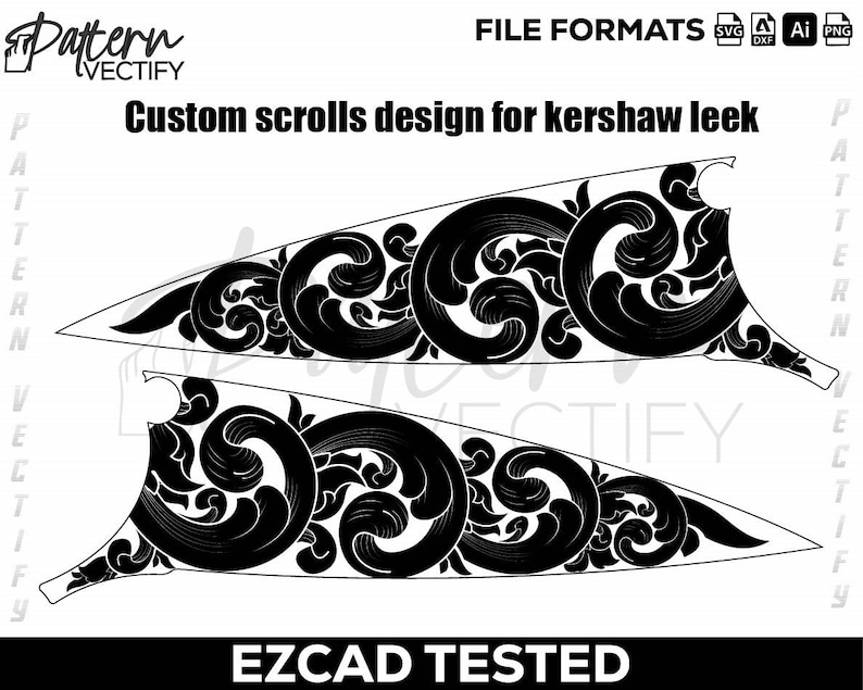 May include: Black and white custom scroll design for a Kershaw Leek knife. The design features intricate swirling patterns and is available in SVG, DXF, AI, and PNG file formats. The text "EZCAD TESTED" is at the bottom.