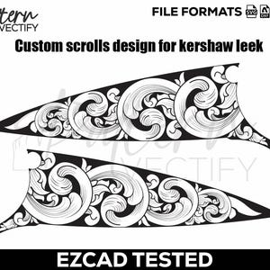 May include: Black and white custom scroll design for a Kershaw Leek knife. The design features intricate swirling patterns. The image includes the text "Custom scrolls design for kershaw leek" and "EZCAD TESTED". File formats include SVG, DXF, AI, and PNG.