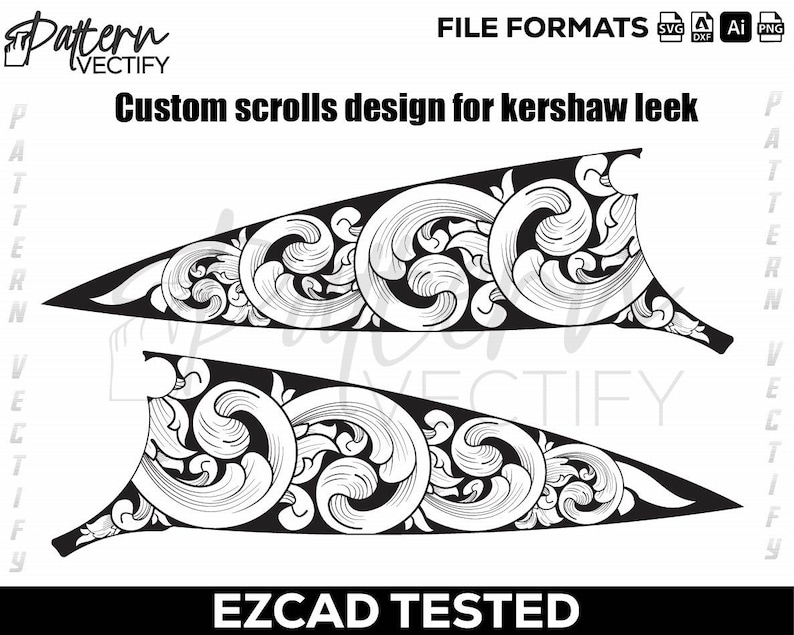 May include: Black and white custom scroll design for a Kershaw Leek knife. The design features intricate swirling patterns. The image includes the text "Custom scrolls design for kershaw leek" and "EZCAD TESTED". File formats include SVG, DXF, AI, and PNG.