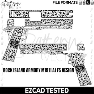 Może przedstawiać: Czarno-biały projekt wektorowy dla Rock Island Armory M1911 A1 FS. Projekt zawiera skomplikowane wzory kwiatowe i grafikę czaszki. Obraz zawiera tekst "Pattern VECTIFY" i "EZCAD TESTED".