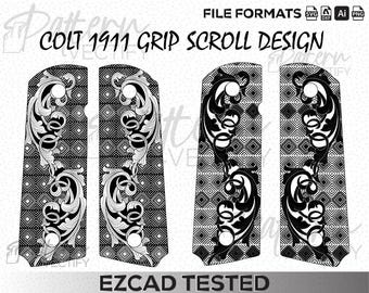 Wzór zwoju uchwytu pistoletu COLT 1911 svg,vectorart,laserdesign,laserart,engraving,gripscrolldesign,pattern-RM