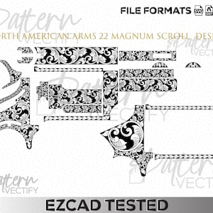 May include: Black and white scroll design for North American Arms 22 Magnum. The design includes various firearm components with floral patterns. The image also includes the text "FILE FORMATS" and "EZCAD TESTED".