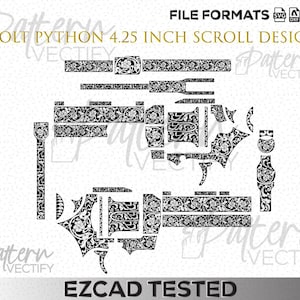 May include: Black and white scroll design for a Colt Python 4.25 inch firearm. The design is composed of floral and ornamental patterns. The image includes the text "FILE FORMATS" and "EZCAD TESTED".