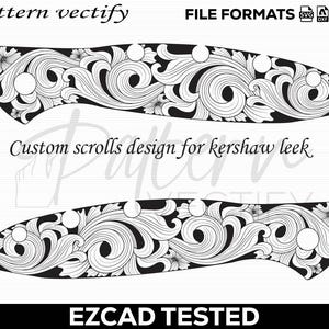 K&ouml;nnte beinhalten: Schwarz-wei&szlig;es, individuelles Scroll-Design f&uuml;r ein Kershaw Leek-Messer. Das Design zeigt florale und wirbelnde Muster. Das Bild enth&auml;lt den Text "pattern vectify", "FILE FORMATS", "Custom scrolls design for kershaw leek" und "EZCAD TESTED".