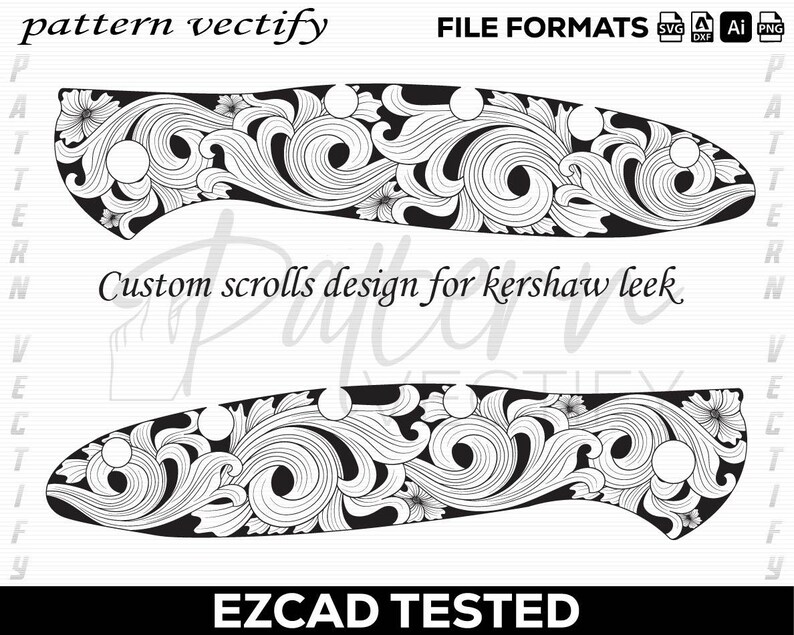 K&ouml;nnte beinhalten: Schwarz-wei&szlig;es, individuelles Scroll-Design f&uuml;r ein Kershaw Leek-Messer. Das Design zeigt florale und wirbelnde Muster. Das Bild enth&auml;lt den Text "pattern vectify", "FILE FORMATS", "Custom scrolls design for kershaw leek" und "EZCAD TESTED".