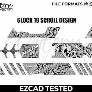 May include: Black and white scroll design for Glock 19. The design includes floral and geometric patterns, with the word "VERSACE" incorporated into the design. The image also includes the text "EZCAD TESTED" and file format icons.