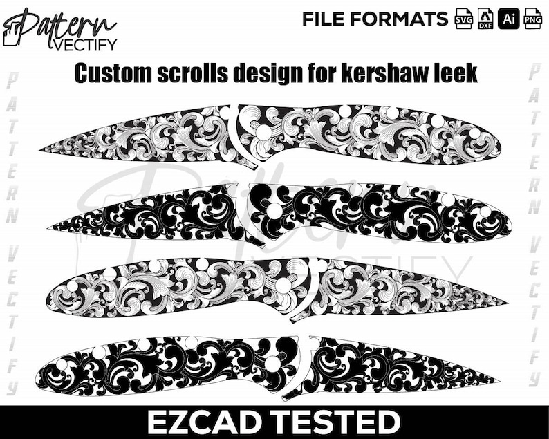 Kershaw Leek 1660 Scroll Design,svg,laserfile,lasercut,laserengraving,fiberlaser,engravingfiles,laserpattern,engravingdesign,knife image 1