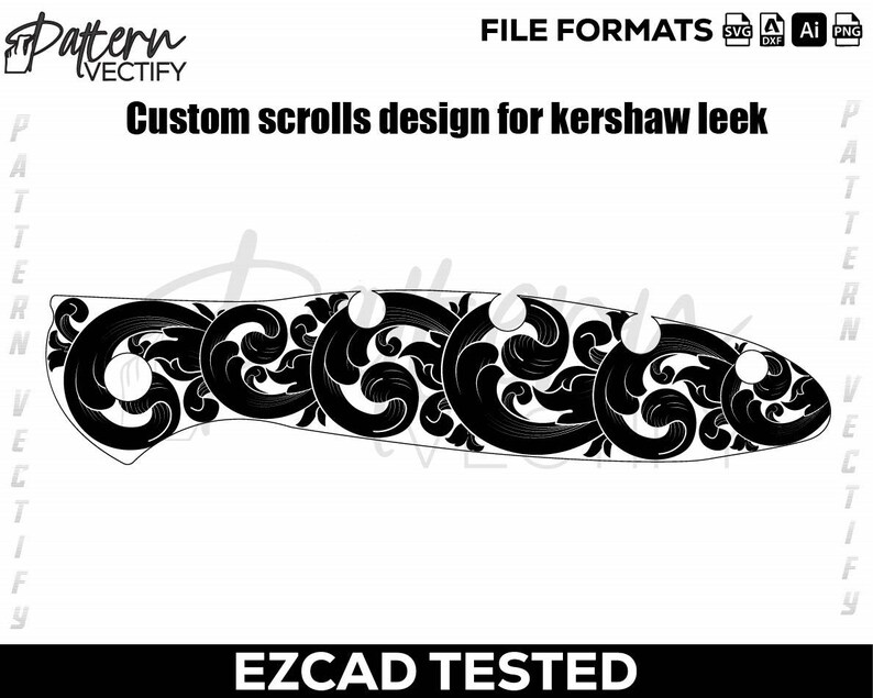 May include: Black and white custom scroll design for a Kershaw Leek knife. The design features a series of stylized scroll patterns. The image includes the text "Custom scrolls design for kershaw leek" and "EZCAD TESTED".