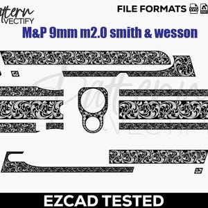 May include: Black and white floral pattern design for a M&P 9mm m2.0 Smith & Wesson. The design includes various shapes and sizes, with the text "M&P 9mm m2.0 smith & wesson" and "EZCAD TESTED".