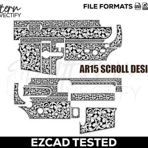Puede incluir: Diseño de desplazamiento AR15 en blanco y negro con patrones florales. La imagen incluye el texto "AR15 SCROLL DESIGN" y "EZCAD TESTED". Los formatos de archivo son SVG, DXF, AI y PNG. El logotipo de Pattern Vectify está en la esquina superior izquierda.