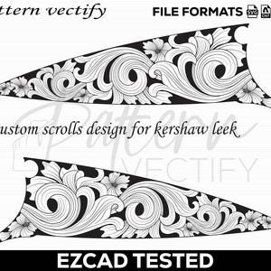 K&ouml;nnte beinhalten: Schwarz-wei&szlig;e, individuelle Scroll-Designs f&uuml;r ein Kershaw Leek-Messer. Die Designs weisen florale und wirbelnde Muster auf. Das Bild enth&auml;lt den Text "pattern vectify", "FILE FORMATS" und "EZCAD TESTED".