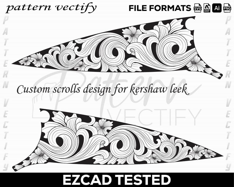K&ouml;nnte beinhalten: Schwarz-wei&szlig;e, individuelle Scroll-Designs f&uuml;r ein Kershaw Leek-Messer. Die Designs weisen florale und wirbelnde Muster auf. Das Bild enth&auml;lt den Text "pattern vectify", "FILE FORMATS" und "EZCAD TESTED".