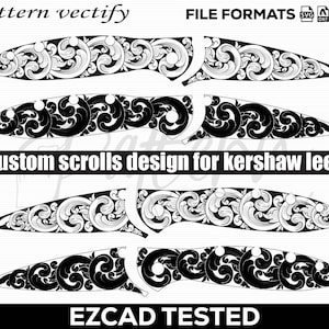 May include: Black and white custom scroll designs for a Kershaw Leek knife. The image shows four variations of the design, with the text "Custom scrolls design for kershaw leek" in the center. The file formats are SVG, DXF, AI, and PNG.