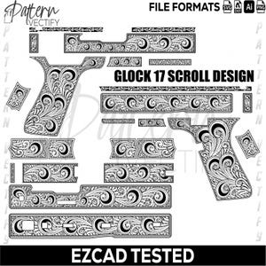 Puede incluir: Patrón de diseño de desplazamiento Glock 17 en blanco y negro con detalles florales y de remolino. Incluye varios formatos de archivo: SVG, DXF, AI y PNG. El texto "EZCAD TESTED" está en la parte inferior.