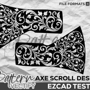 May include: Black and white digital design of a scroll pattern axe head. The design is intricate and detailed, featuring a floral motif.