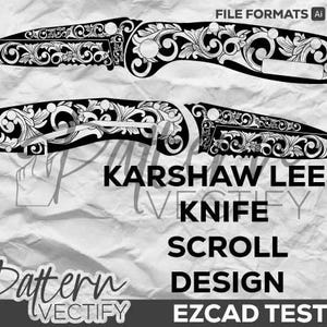 May include: Black and white vector design of a Kershaw Leek knife with a scroll pattern. The design is labeled "Kershaw Leek Knife Scroll Design" and "EZCAD Tested".