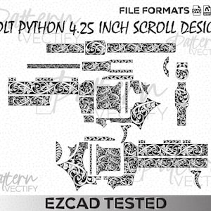 May include: Black and white scroll design for a Colt Python 4.25 inch firearm. The design includes various parts of the firearm with intricate floral patterns. The image also includes file format icons and the text "EZCAD TESTED".