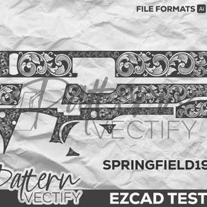 May include: A black and white floral pattern design for a Springfield 1911. The design features detailed floral scrollwork across several pieces. The image includes the text "Pattern VECTIFY", "SPRINGFIELD1911", and "EZCAD TESTED".