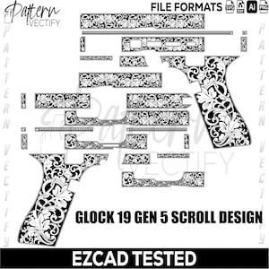 以下が含まれることがあります： Glock 19 Gen 5 用の白黒フローラルスクロールデザイン。画像には、SVG、DXF、AI、PNG などのさまざまなファイル形式が含まれています。「EZCAD TESTED」というテキストも表示されています。