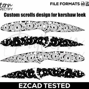 K&ouml;nnte beinhalten: Vier Messerdesigns mit individuellen Scrollmustern f&uuml;r ein Kershaw Leek. Zwei Designs sind schwarz-wei&szlig; und zwei sind schwarz. Das Bild enth&auml;lt den Text "Custom scrolls design for kershaw leek" und "EZCAD TESTED".