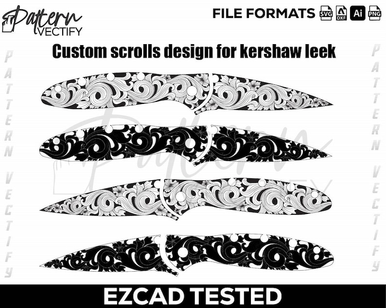 K&ouml;nnte beinhalten: Vier Messerdesigns mit individuellen Scrollmustern f&uuml;r ein Kershaw Leek. Zwei Designs sind schwarz-wei&szlig; und zwei sind schwarz. Das Bild enth&auml;lt den Text "Custom scrolls design for kershaw leek" und "EZCAD TESTED".