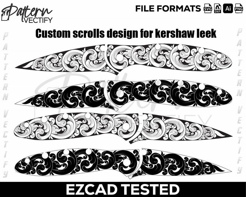 May include: Black and white custom scroll designs for a Kershaw Leek knife. The image includes the text "Custom scrolls design for kershaw leek" and "EZCAD TESTED". The file formats are SVG, DXF, AI, and PNG.