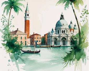 Impresión de Venecia: monumentos de la ciudad, arte de pared con descarga digital, decoración del hogar, arte de viaje, descarga instantánea, estilo vintage