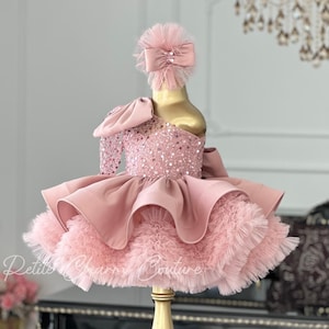 Elegante vestido rosa para niña, vestido de tutú con lentejuelas y volantes, vestido de fiesta para el primer cumpleaños, vestido elegante para niña pequeña, vestido de diseñador para niñas