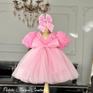 Elegant Tutu Dress , Toddlers Birthday Party Dress, Pink Birthday Party Dress, Tulle Flower Girl Dress, Baby Pink Ruffle Dress with Bow