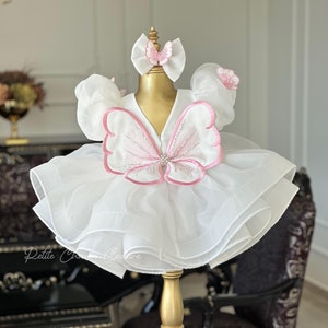 White Flower Girl Dress with Butterfly Wings, Newborn Girl Tutu Dress, Cute Infant Dress for Photoshoots, Baby Shower Gift Idea, Photo Trop
