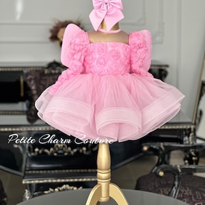 Pink Tutu Dress for Girls,  Elegant Party Dress for Toddlers, Birthday Outfit, Flower Girl Dress with Puffy Sleeves, Tutu Tulle Dress