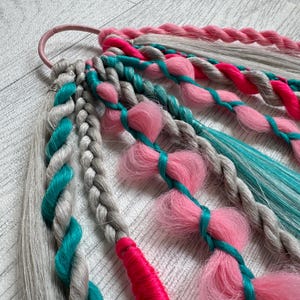 Grey,pink,Children hair Viking Ponytail with Dreadlocks,Boho Hair Extensions,Handmade Customizable Hair  Elastic Band with Feathers,Barbie