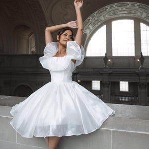 Short Ruffle Wedding Dress – Off Shoulder Reception Dress, City Hall Bridal Dress, Short Elopement Dress for Bride, Puff Sleeve Party Dress