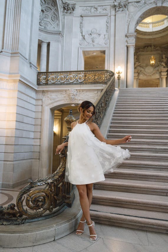 Short Halter Mini Wedding Dress - Modern Courthouse Bridal Dress | Tea-Length Simple Bridal Gown | Elopement, City Hall, Reception Dress